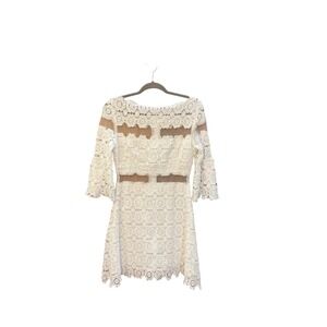 Quaint White Lace Mini Dress Sheer Panels Bell‎ Sleeve Party Size 36
